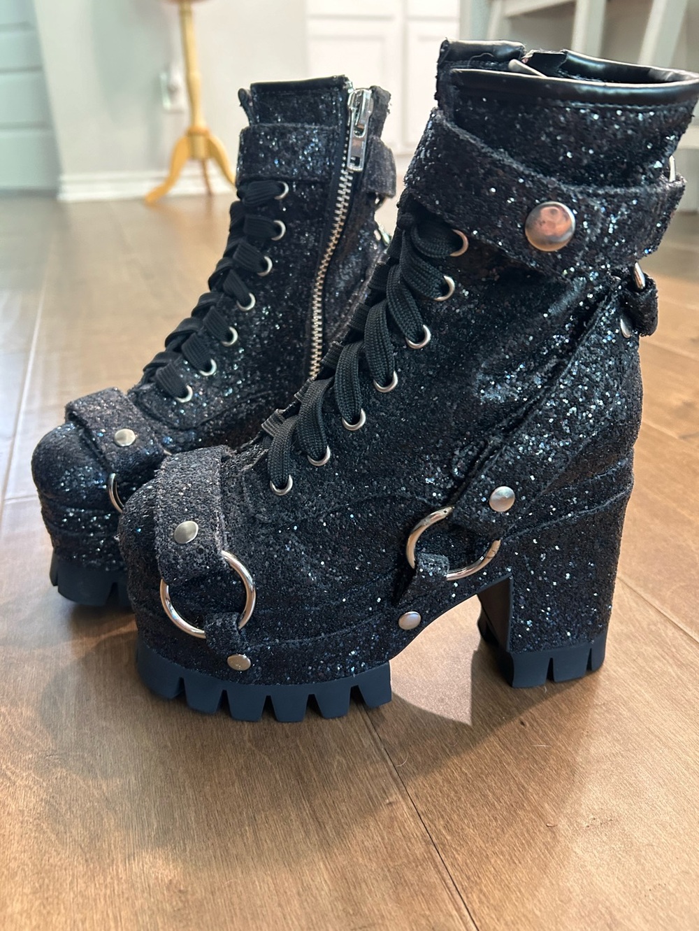 Club Exx dolls kill black glitter harness strapped chunky platform boots 5